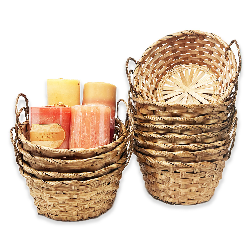 12 Pack - Round Bamboo Basket with Ear Handles 8in